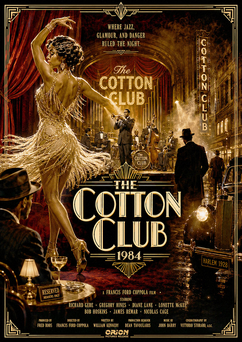 Vintage style movie poster for The Cotton Club 1984 featuring a flapper dancer and jazz musicians in a dimly lit club